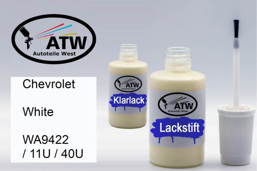 Chevrolet, White, WA9422 / 11U / 40U: 20ml Lackstift + 20ml Klarlack - Set, von ATW Autoteile West.